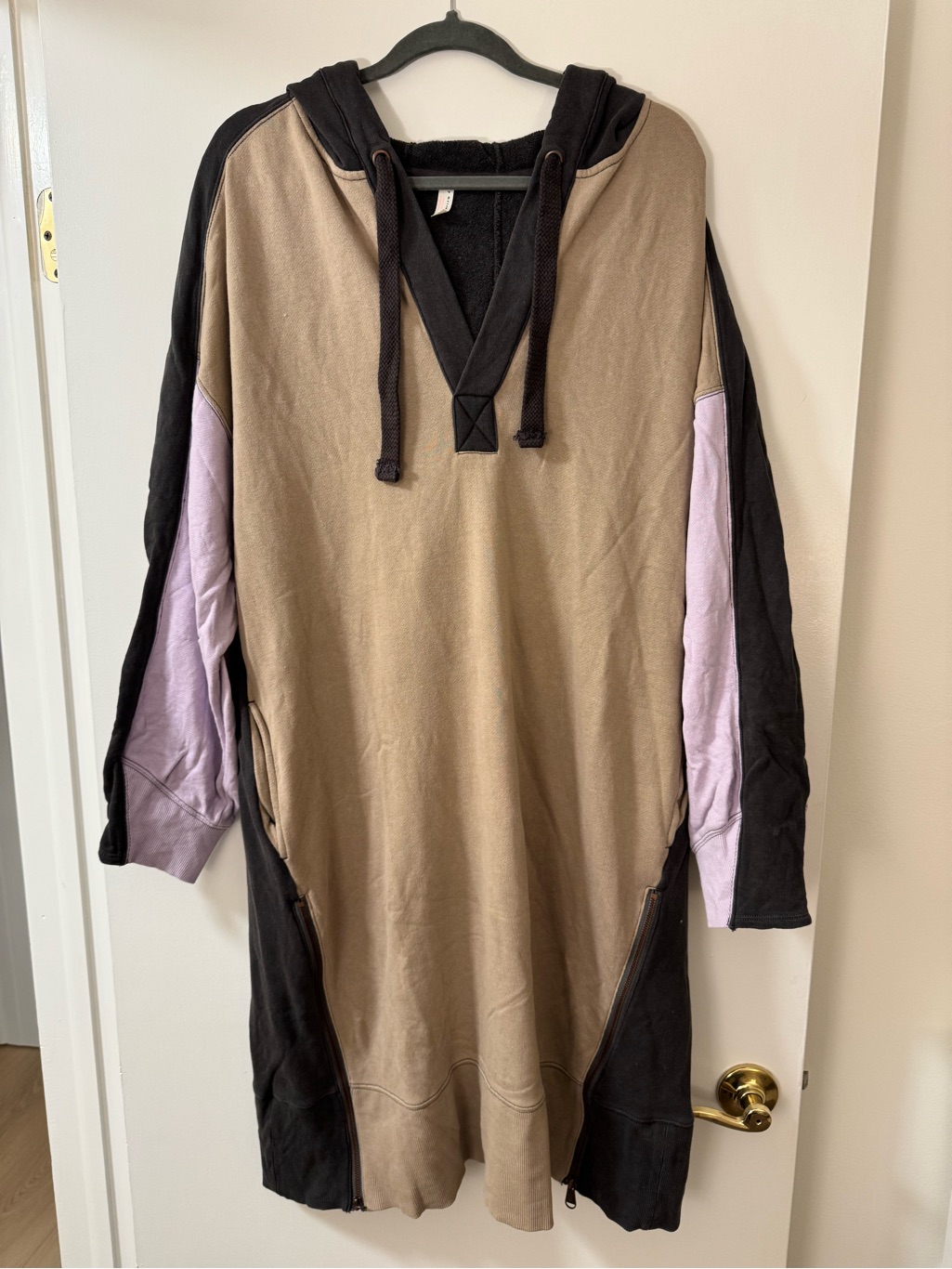 Fp Movement By Free People Taupe, Black & Lilac Colorblock V-Neck Hoodie Sweater